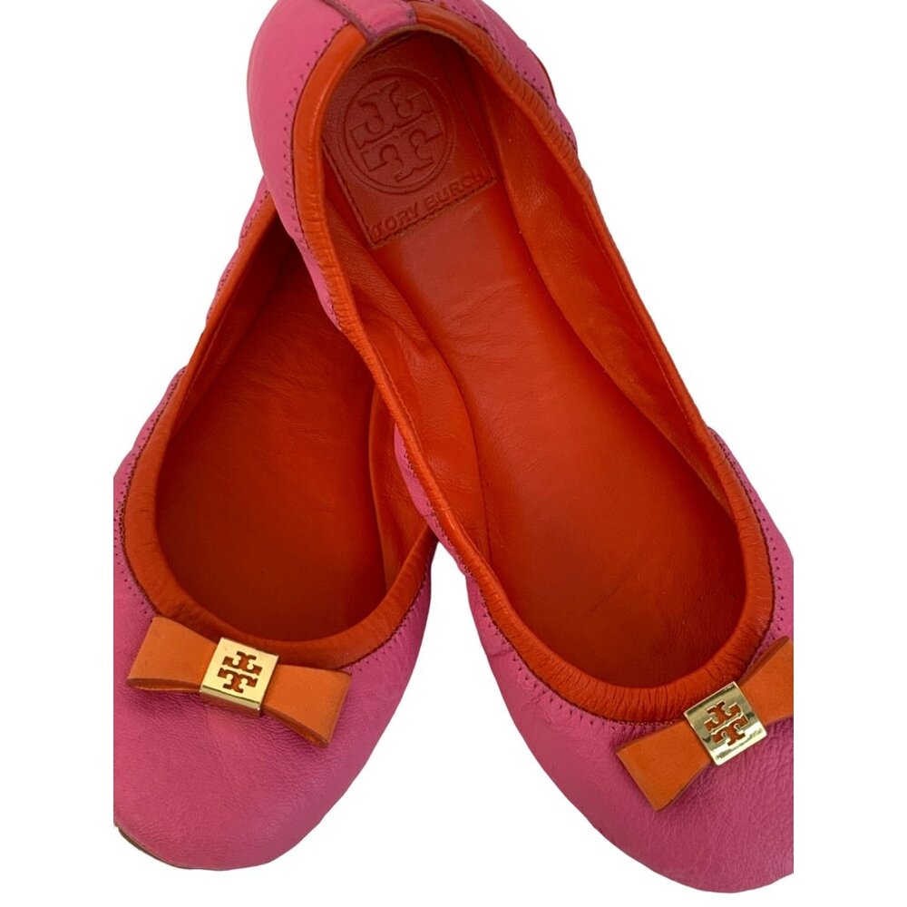 Tory Burch Pink Orange Ballet Leather Flats Shoes 8M EUC Barbie Detail 7274